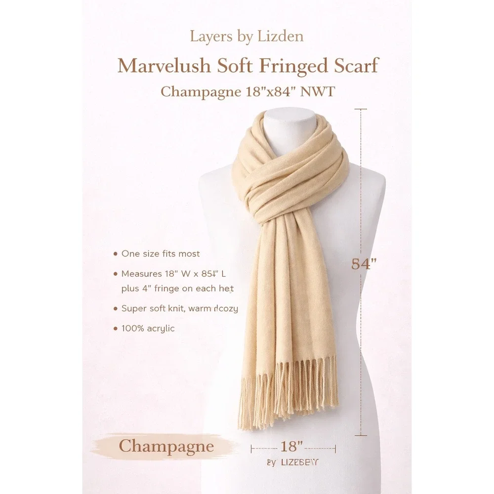 Layers by Lizden Marvelush Soft Fringed‎ Scarf Champagne Beige 18x84 NWT